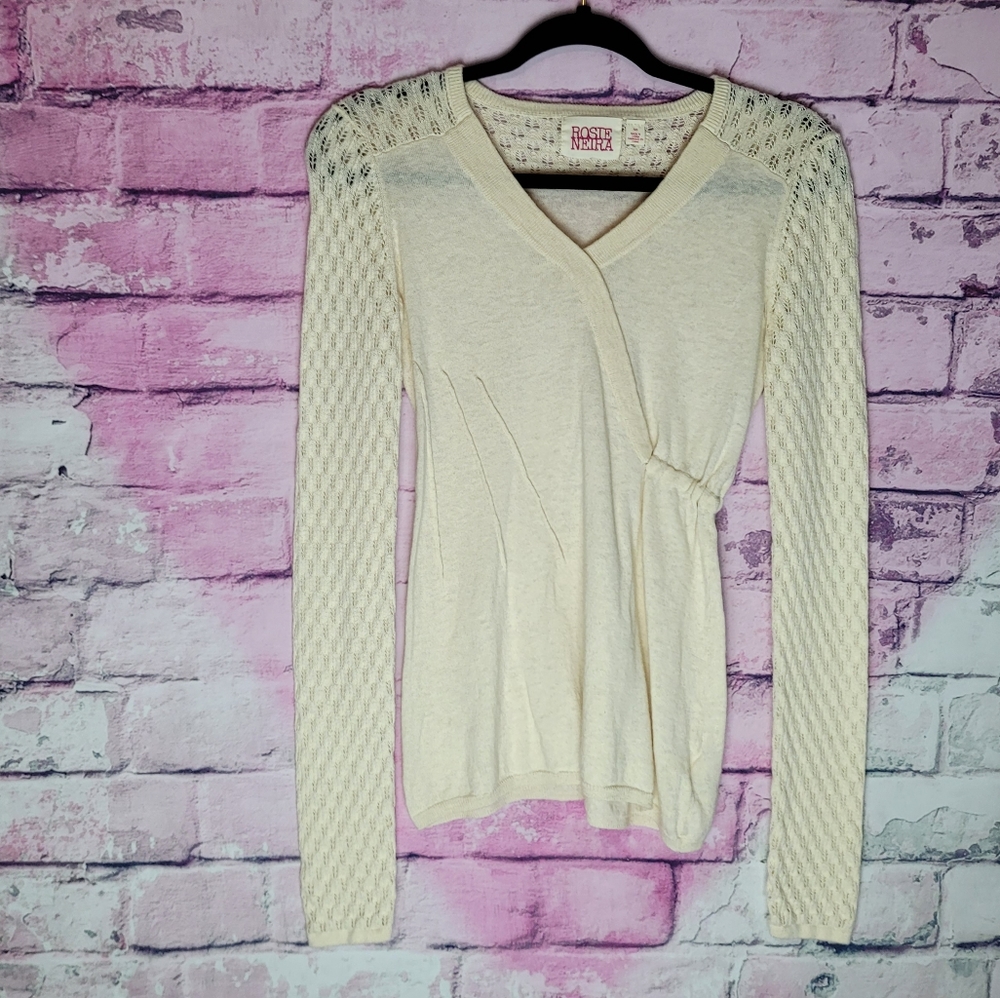 ANTHROPOLOGIE ROSIE NEIRA CREAM WOOL CASHMERE POINTELLE KNIT FAUX WRAP SWEATER